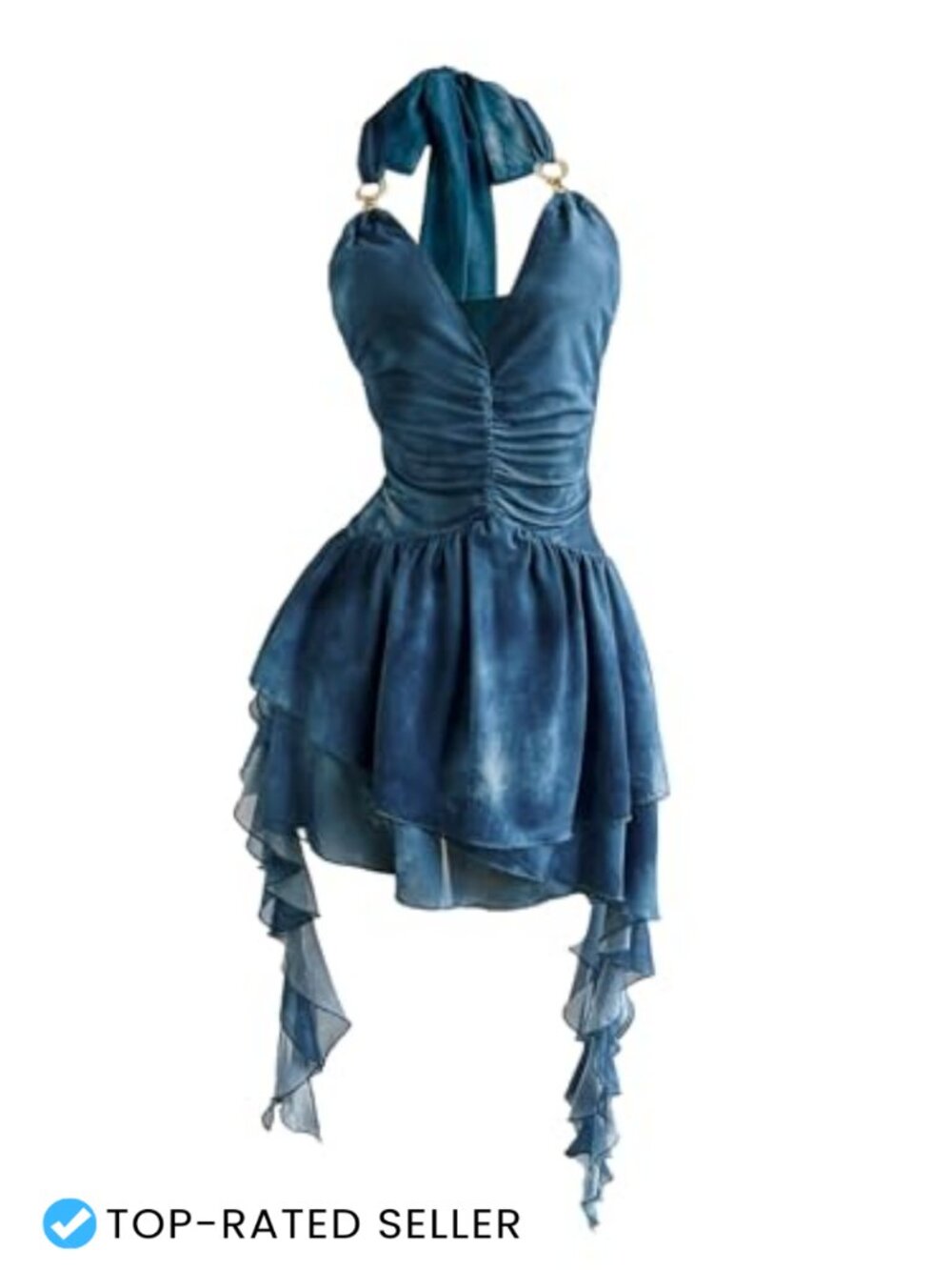 Flowy Mini Dress Mesh Halter Deep V Open Back Ruched Y2K Club Party
